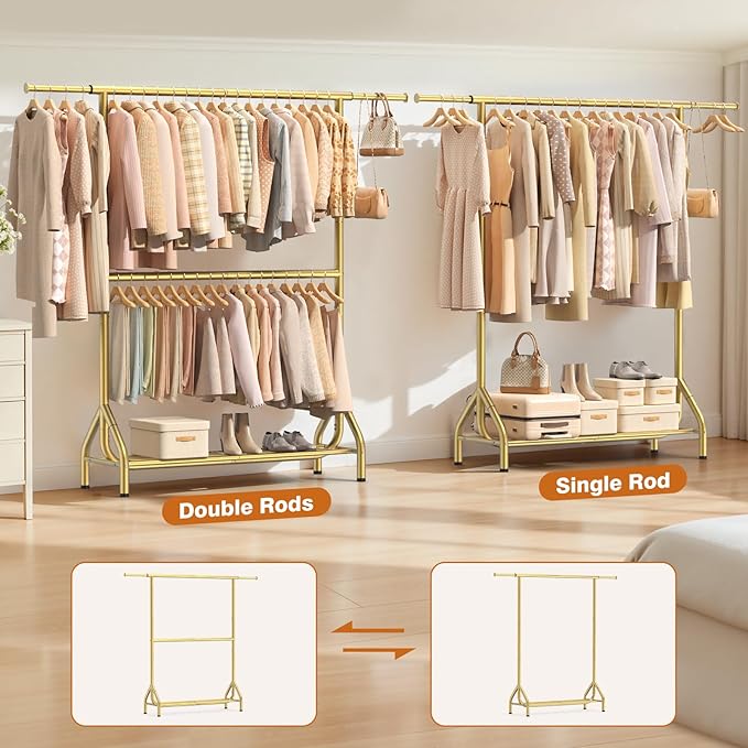 EAGMAK Double Rod Clothing Rack Load 622 LBS, Heavy Duty Clothes Rack for Hanging Clothes, 82.68 inch High Garment Rack with Sotrage Shelves, Metal Clothing Hanger Closet Wardrobe Organizer (Gold)