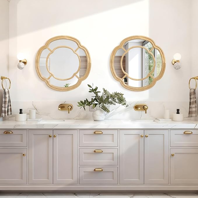 Wall Mounted Mirror, Wooden Round Framed Mirror Irregular Wavy Hanging Decorative Mirrors for Living Room Bedroom and Entryway Home 20 Inch Decor