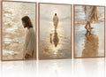 KAlRNE Jesus and the Lost Sheep Wall Art Set of 3(16’’X24’’),Framed Christian Canvas Prints,Neutral Watercolor Jesus Walking on Water Religious Decor for Living Room Bedroom