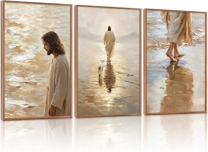 KAlRNE Jesus and the Lost Sheep Wall Art Set of 3(16’’X24’’),Framed Christian Canvas Prints,Neutral Watercolor Jesus Walking on Water Religious Decor for Living Room Bedroom