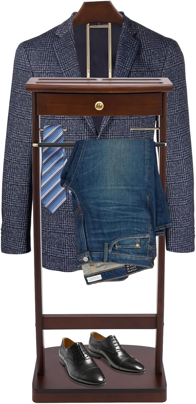 Wooden Suit Valet Stand | Freestanding Clothes Rack with Drawer & Sturdy Base, Ideal for Home Office Hotel