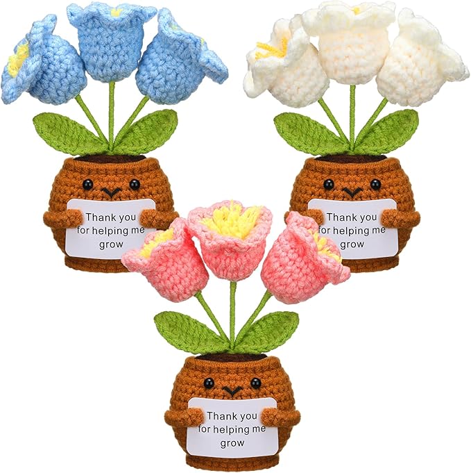 Wavwavw 3 Pack Teacher Appreciation Gift Positive Flower Handmade Crochet Doll Thank You for Helping Me Grow Gifts Back to School Gifts for Women Teacher(Bell Orchid)