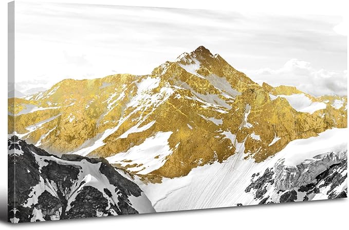 Large Golden Mountain Wall Art Abstract Black and Gold Mountain Wall Decor Nature Snowy Mountains Hill Landscape Canvas Paintings Pictures Modern Artwork Prints Living Room Office Decorations 24x48”