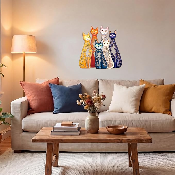Wesiti Cat Wall Art Decor Iron Wall Sculptures Decor for Cats Lover 11.42 x 11.22 Inches Colorful Mid Century Cat Retro Signs for Home Living Room Bedroom Kitchen Office