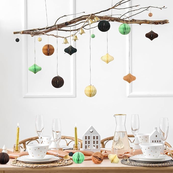 TecUnite 50 Pcs Christmas Paper Honeycomb Ornaments for Tree Vintage 3D Mini Glitter Edge Paper Christmas Ornament Honeycomb Tree Hanging Neutral Boho Holiday Xmas Party Decoration(Neutral)