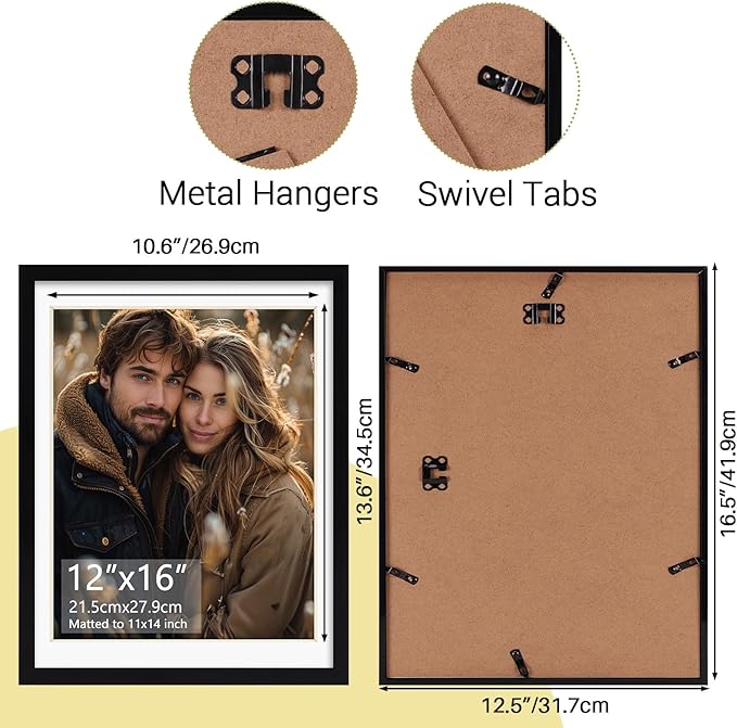 Rempry 12x16 Picture Frame, Display Pictures 11x14 with Mat or 12x16 Without Mat, Wall Hanging or Tabletop Photo Frame with Shatter Resistant Plexiglass, Black, 1 Pack
