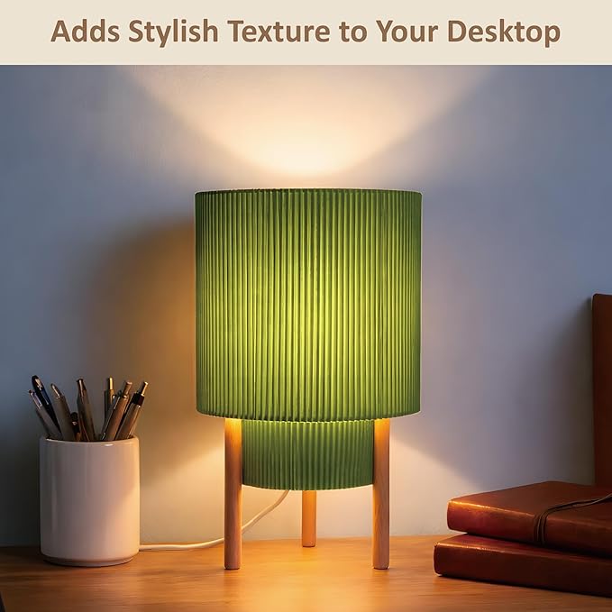 Buruis 2-Tier Table Lamp with Pleated Fabric Shade, Natural Rubber Wood Stand, UL Listed, 10'' Elegant Retro Mid-Century Bedside Lamp for Bedroom, Living Room, Bookshelf, Bulb Not Included, Green