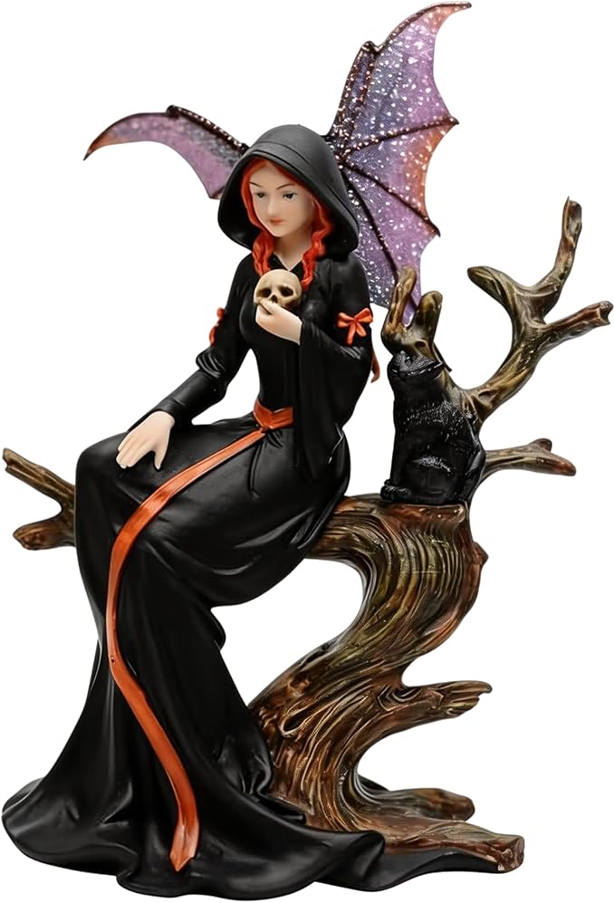 Comfy Hour 7.5" Gothic Fairy Witch Figurine, Fantasy Sorceress with Skull and Black Cat on Withered Tree, Spooky Home Office Desktop Decor, Hand-Cast Polyresin Statue, 1 Piec