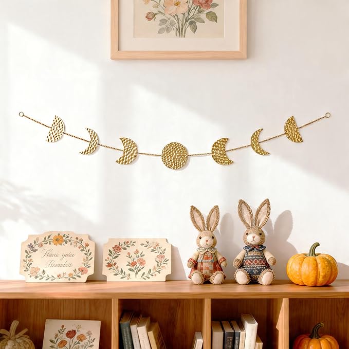 opulinea 32 Inch Hammered Gold Moon Phase Metal Wall Decor, Celestial Hanging Wall Sculpture, Boho Lunar Wall Art for Bedroom, Living Room, Bathroom, Apartment