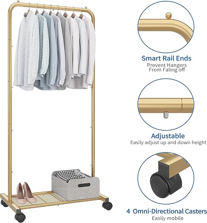 Simple Trending Standard Clothes Garment Rack, Clothing Rolling Rack with Mesh Storage Shelf on Wheels, Golden Yellow