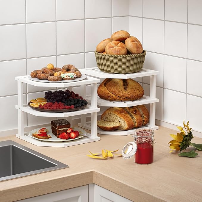 VERTORGAN 3 Tier Bamboo Corner Shelf(2 Pack),Dish Drying Rack,Plate Organizer,Kitchen Spice Rack for Countertop and Cabinet(White)