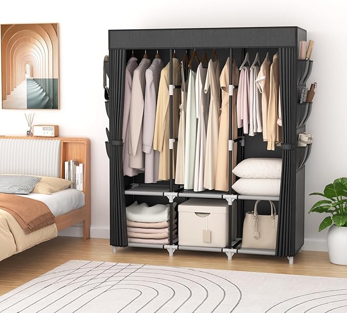 VTRIN Portable Closet Wardrobe for Hanging Clothes Closet with Cover, 3 Hanging rods, 6 Storage Shelves and Side Pocket, Diameter 19mm Metal Pipe, Sturdy Free Standing Closet for Bedroom, Black