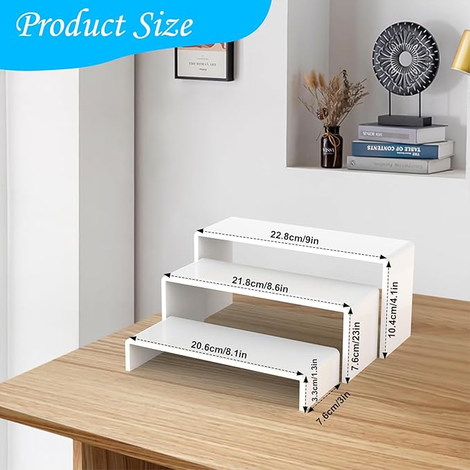 6 PCs Risers Display Stands 3 Tiers Desktop Acrylic Shelves Cake Dessert Holder Products Stand for Collectibles Shoes Jewels Pop Figure (White)