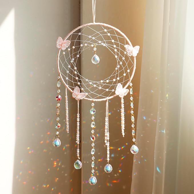 Artilady Butterfly Dream Catchers with Crystals - Large Boho Pink Moon Dream Catcher Wall Decor Home Decorations Girls Kids Baby Bedroom Room Decor Christmas Birthday Teen Girl Boys Gifts