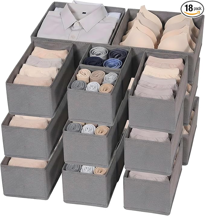 Garvee Drawer Organizer Clothes, Set of 18 Dresser Organizer Bins for Baby Clothes, Underwear, Bra & Sock, Foldable Fabric Closet Drawer Divider Organization for Bedroom, Nursery, Grey