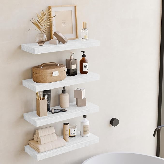 Fixwal White Shelves for Wall, 15.7in Rustic Wood Finish Floating Wall Shelves Set of 4, Shelves for Wall Decor, with Invisible Brackets for Bathroom, Living Room,Bedroom and Kitchen