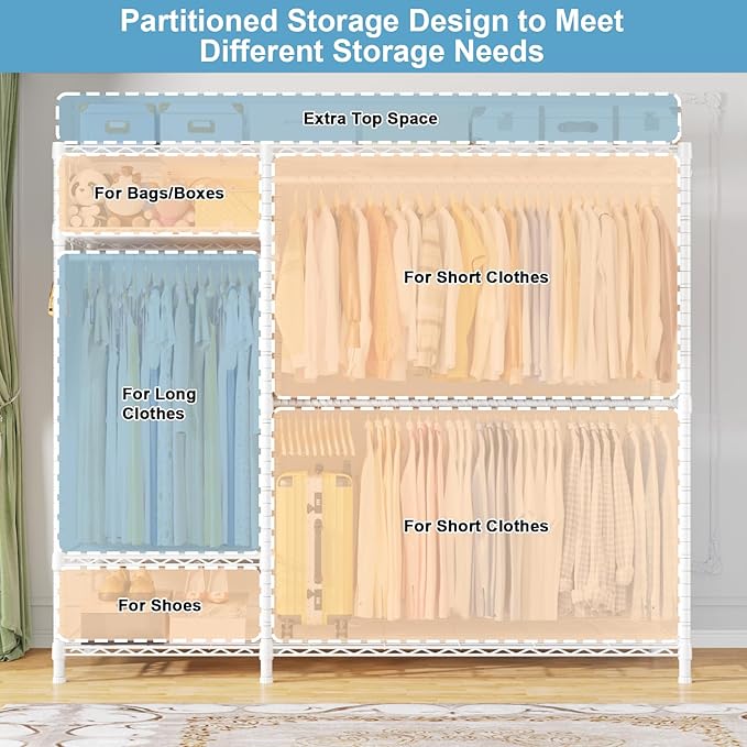 Ulif F7 Plus Garment Rack, Heavy Duty Clothes Rack, Clothing Racks for Hanging Clothes, 6-Tiers Freestanding Portable Closet Storage Rack 68'' W × 14.6'' D × 76.6'' H, Max Load 850 Lbs, White