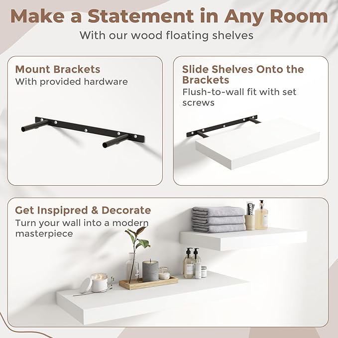 24 Inch Floating Shelves for Wall Set of 2, 12"D Wood Grain Bathroom Shelves with Invisible Brackets, Easy Install Engineered Wood Storage Shelves for Kitchen, Living Room, Bedroom, White Finish