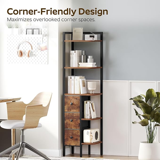 YATINEY Corner Shelf Stand, 5-Tier Corner Bookshelf with 3 Drawers, Industrial Display Shelf for Narrow Spaces, Wooden Small Bookcase, Easy Assembly, Rustic Brown and Black CJ10BR