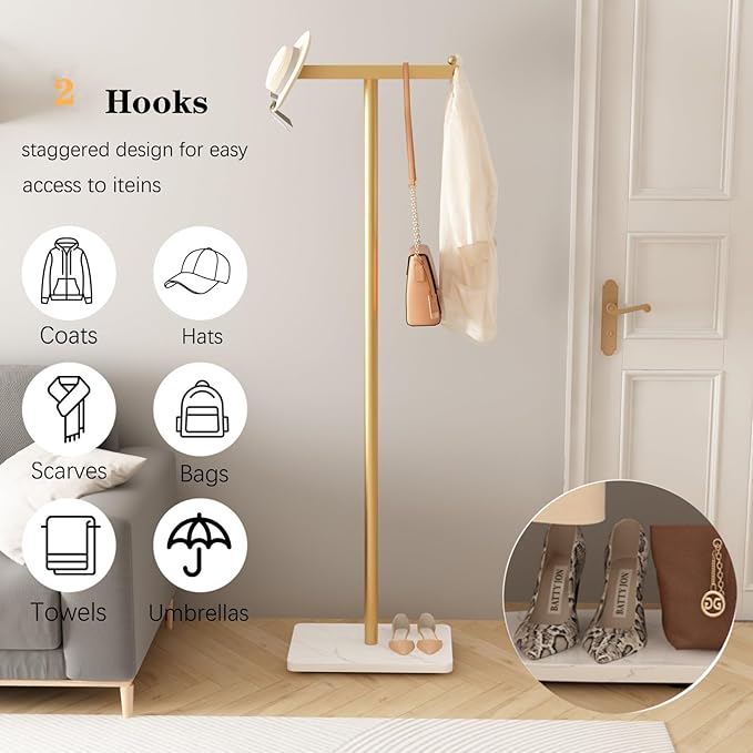 Gold Coat Rack Freestanding Heavy Duty Clothes Rack Stand for Entryway, Bedroom, Living Room, Boutiques-15.7''L,GOLD