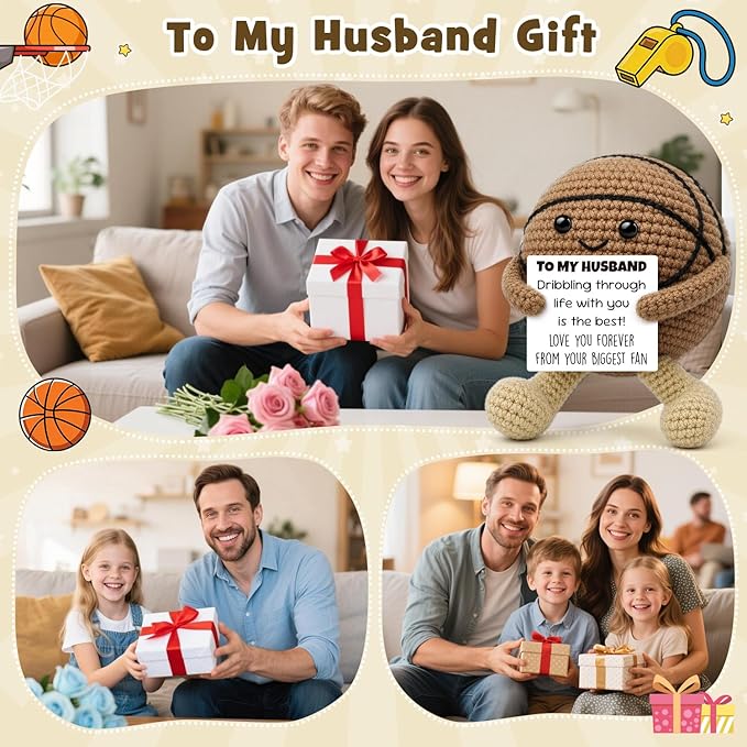 Anniversary Romantic Gifts for Husband Boyfriend, Handcrafted Crochet Basketball Keepsake, Sports Man Cave Desk Decor Room Accessories, Unique Funny Birthday Present for Him Men from Wife