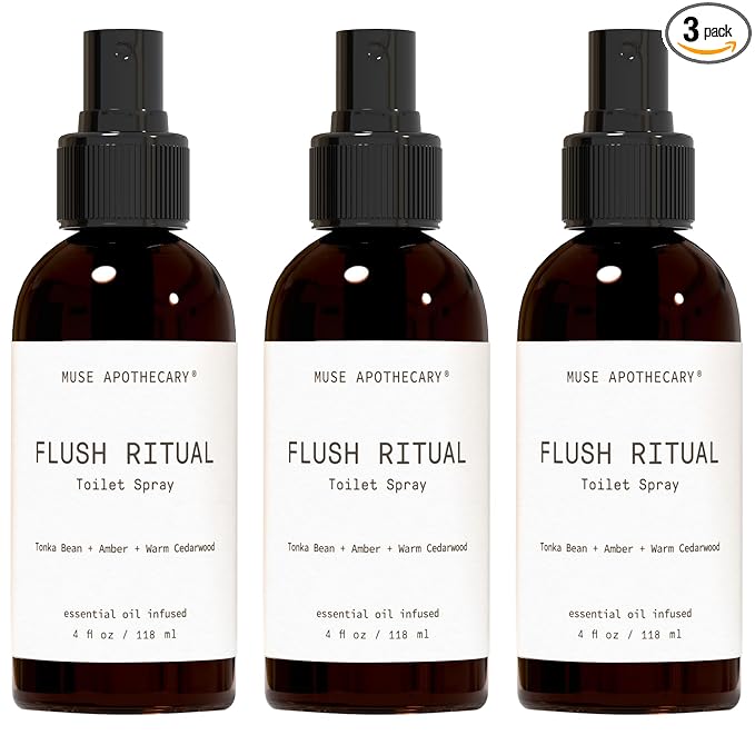 Muse Apothecary Flush Ritual - Aromatic & Refreshing Toilet Spray, Use Before You Go, 4 oz, Infused with Natural Essential Oils - Tonka Bean + Amber + Warm Cedarwood, 3 Pack