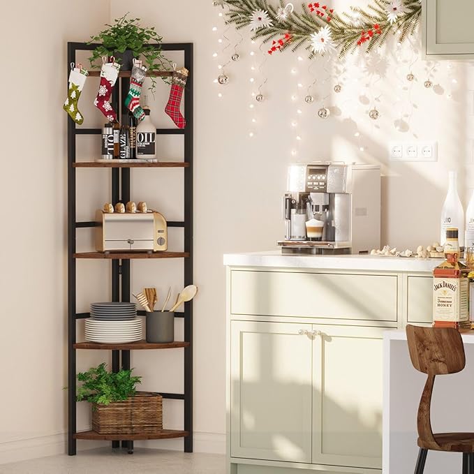 BON AUGURE 5 Tier Corner Bookshelf, Industrial Corner Shelf Stand, Narrow Tall Wood Bookcase, Display Wooden Shelving Unit Shelf for Living Room, Kitchen, Home Office (Rustic Oak)