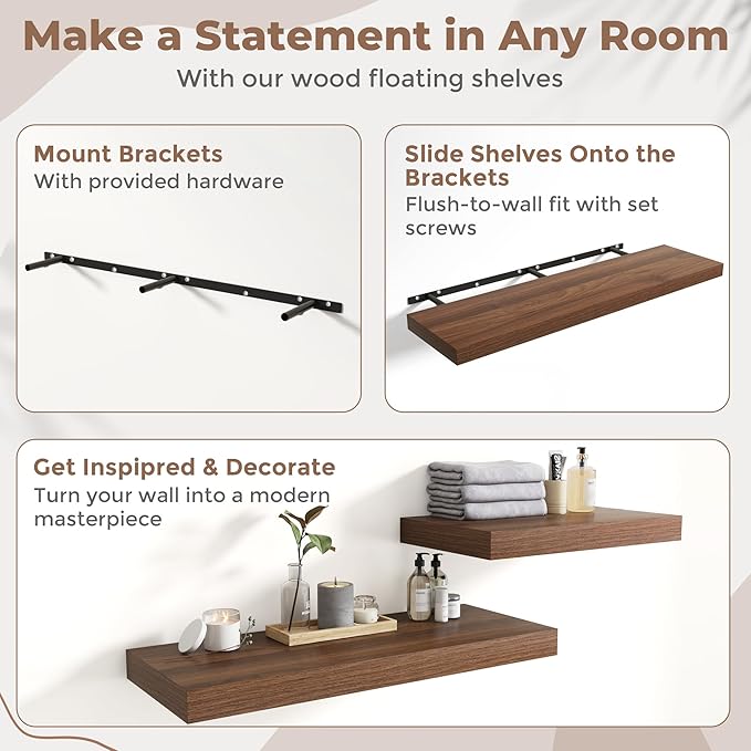 55 Inch Long Floating Shelves for Wall Set of 2, 12"D Wood Grain Bathroom Shelves with Invisible Brackets, Easy Install Engineered Wood Storage Shelves for Kitchen, Living Room, Bedroom, Walnut Finish