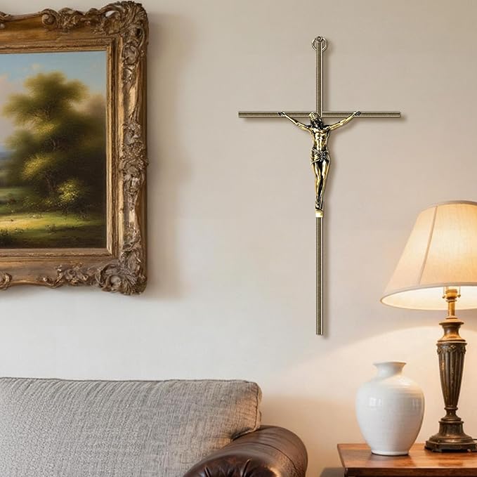 KUXBET Catholic Crucifix Wall Cross, 21 inch Metal Jesus Christ Cross, Handmade Hanging Wall Décor for Home, Religious Devout Give Faith Gift (21.0inch, Vintage)