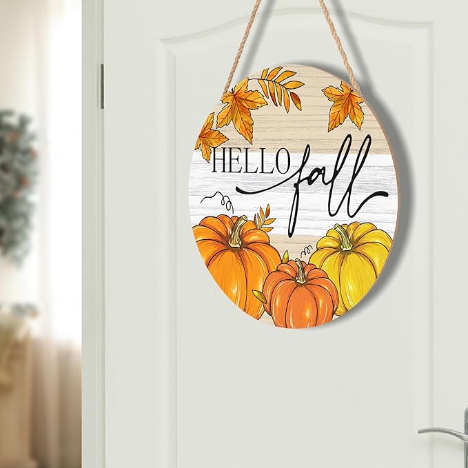 Hello Fall Welcome Sign Door Sign 12"x12" Fall Door Decorations Hanging Sign Farmhouse Pumpkin Round Wooden Sign for Home Front Door Wall Porch Yard Garden