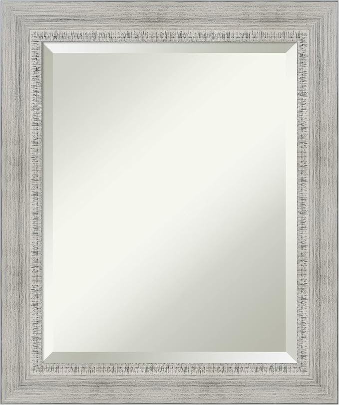 Amanti Art White Wall Mirror 24x20 Rustic White Wash Rectangle Bathroom Mirror for Wall Decor Living Room, Small Country Rustic Wood Frame, Hangs Horizonally and Vertically, Bathroom Decor, Beveled