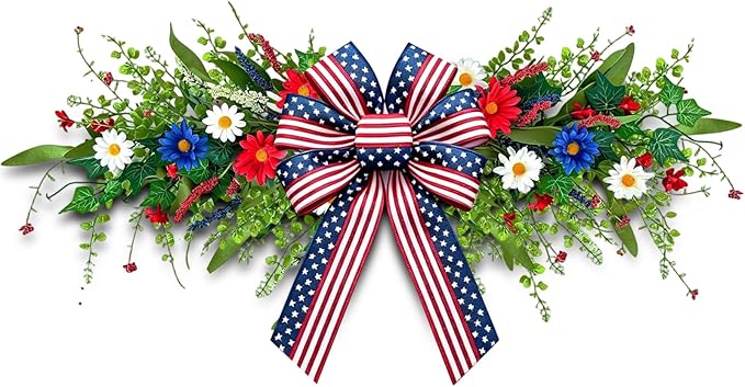4th of July Patriotic Floral Swag Artificial Red White and Blue Independence Day Front Door Daisy Flowers Twigs Swag Memorial Day 250th Anniversary Veterans Day Decor for Arch Wall Home Door Decor