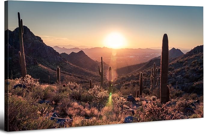 Mountain Wall Art Sunset Cactus Wall Decor Arizona Sonoran Desert Canvas Pictures Saguaro Landscape Photography Prints Western Nature Artwork for Living Room Bedroom Office Home Decoration 24x48"