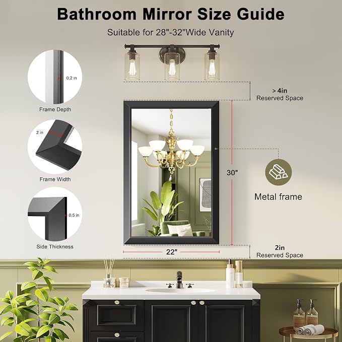 Black Bathroom Mirror for Over Sink, 22x30Inch Thick Anti-Rust Metal Frame, Rectangle Decorative Wall Mirror with HD Tempered Glass Horizontal or Vertical Mount for Vanity, Bedroom, Living Room