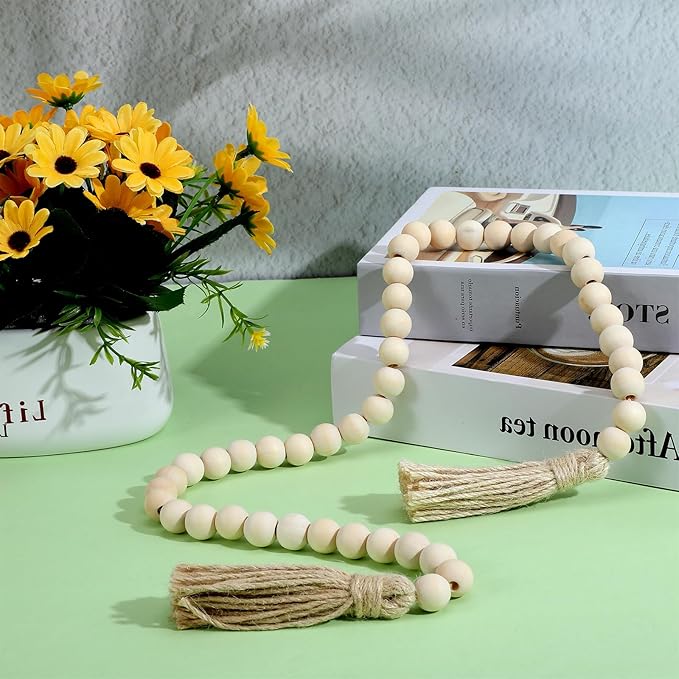 Boho Decor Wood Beads Garland with Tassels Farmhouse Wall Hanging Decorations Natural Wooden Tassel Decorative Room Hanging for Coffee Table Christmas and Prayer(Wood Color, 50inch)