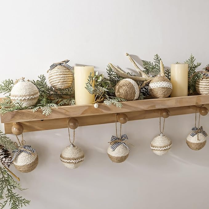 Bunny Chorus Christmas Decorations Indoor: 12pcs Handmade Jute Rope Decorative Bows Christmas Tree Ornaments, Rustic Hanging Xmas Ball Ornaments for Tree Garland Fireplace Home School Office Decor