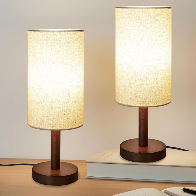 LALISU Small Table Lamp Nightstand Lamp Linen Lampshade Bedroom Wood Base Small Bedside Lamp for Night Stands, Desk Lamps for Reading Living Room, Office (LED Bulb Included) (Black-Walnut Wood（2）)