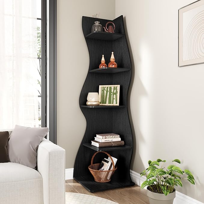 LITTLE TREE Small Corner Shelf, Modern 5-Tier Wall Corner Bookshelf, Stylish Bookcase Storage Rack for Small Space, Living Room, Bedroom