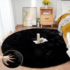 Black Round Rugs 8ft Machine Washable Rabbit Fur Area Rug Large Circle Rugs for Bedroom Faux Sheepskin Rug Cushion Living Room Décor