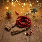 Equsion Seasonal Wooden Bead Garland with Tassels, 3.3 ft Holiday Vintage Boho Bead Garland Easter Tray Decoration, Vase Wall Room Art Birthday Party Decoration(Deep Red)