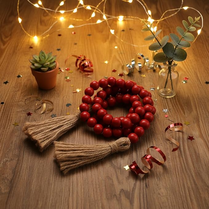 Equsion Seasonal Wooden Bead Garland with Tassels, 3.3 ft Holiday Vintage Boho Bead Garland Easter Tray Decoration, Vase Wall Room Art Birthday Party Decoration(Deep Red)