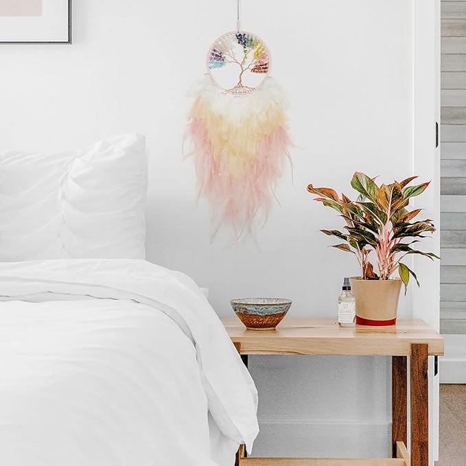 Pretty Jolly Rainbow Tree of Life Dream Catcher Wall Decor with Healing Crystal Stone Handmade Colorful Feather Dream Catchers Decoration Wall Hanging Bedroom Living Room Wedding Party Gift-25.6"