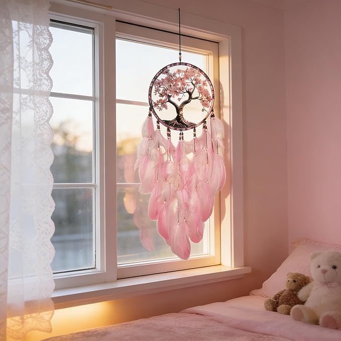 Dream Catcher Wall Hanging Decor for Bedroom Aesthetic, Handmade Traditional Wall Art with Feathers for Living Room, Nursery, Good Vibes Gift for Women,Girls,Home Decoration Wedding Party (Pink Tree)