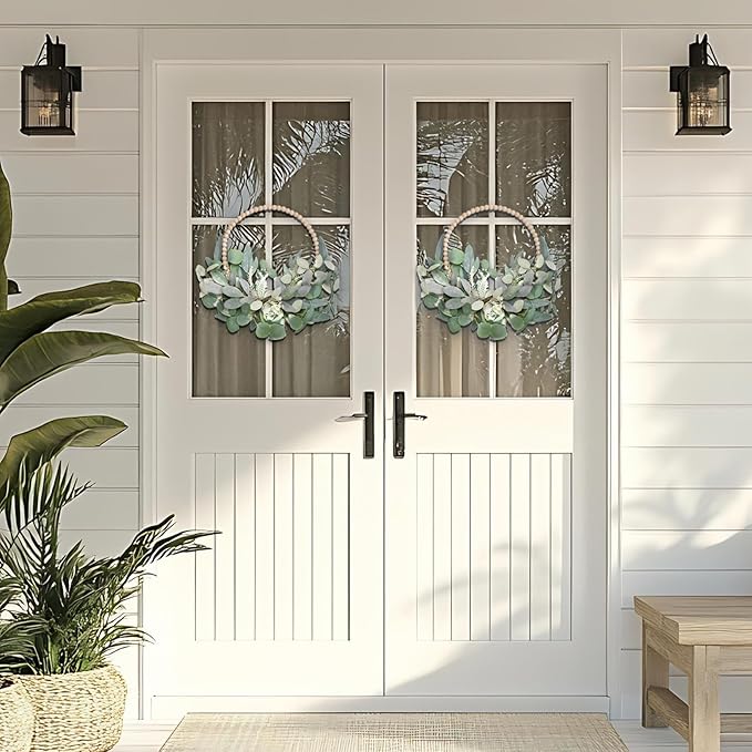 TEMPUS 2Pcs 16" Artificial Eucalyptus Wreaths - Handmade Wooden Bead & Lamb's Ear Spring Wreaths for Front Door, Farmhouse Wall Decor, Holiday Party