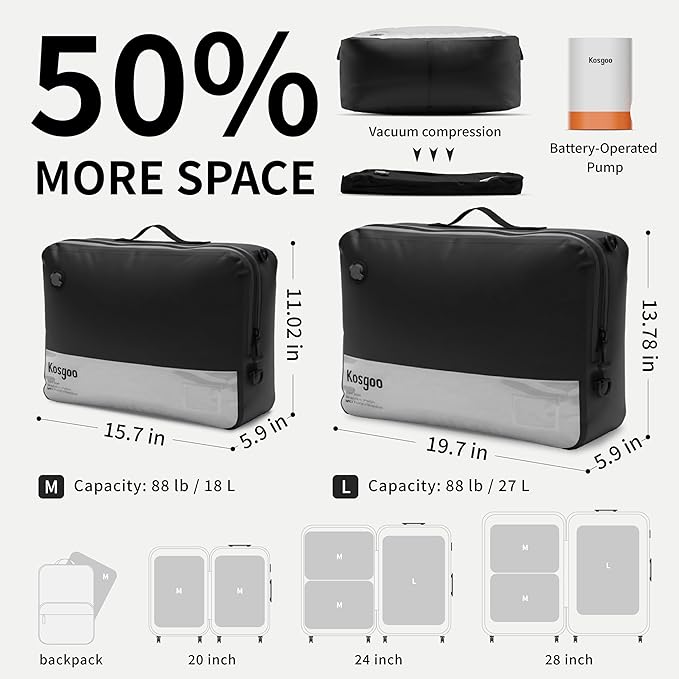 Vacuum Compression Bags for Travel with Pump 180° Open Vacuum Seal Bags for Carry-on Luggage Home Storage, IP67 Waterproof Space Saver Storage Bag (1 Large Pack + Pump Black)