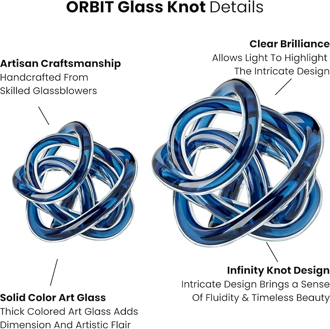 Torre & Tagus Orbit Hand Blown Glass Infinity Knot Sculpture - 4.5 Inch Glass Art Blue Knot Decor Ball for Home Decor, Small Centerpiece Table Decoration for Home Interior (Indigo Blue)