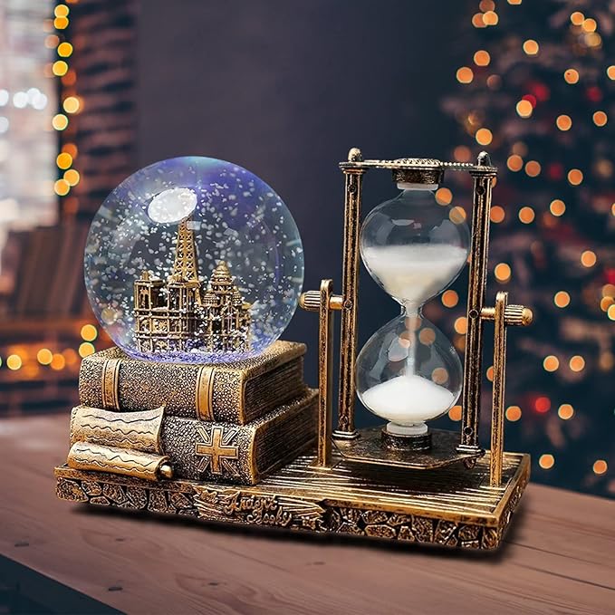 LED MusicCrystal Snow Globe， Sand Timer ，Hourglass,Home Decor,Table Decor for Living Room ，Office Desk Decorations[Brass Tower ]
