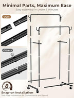 Clothes Rack, Rolling Clothing Rack with Double Rods for Hanging Clothes, Portable Garment Rack with Wheels, Metal Wardrobe Closet Organizer for Bedroom and Laundry Room