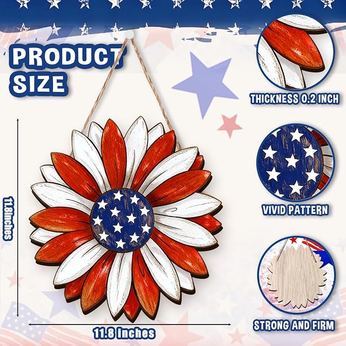 Wooden 4th of July Decorations Patriotic Wreaths for Front Door Independence Day Decorations Star Sign Welcome Memorial Day Hanging for Home Wall Decor Outdoor Indoor Red White and Blue Wreath 4