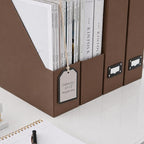 BLU MONACO | Cardboard Magazine File Holder Set of 6 | Vertical Magazine File Holder with Leather Label Slots | Standing File Holder and Cardboard Bins for Shelves Desk Office